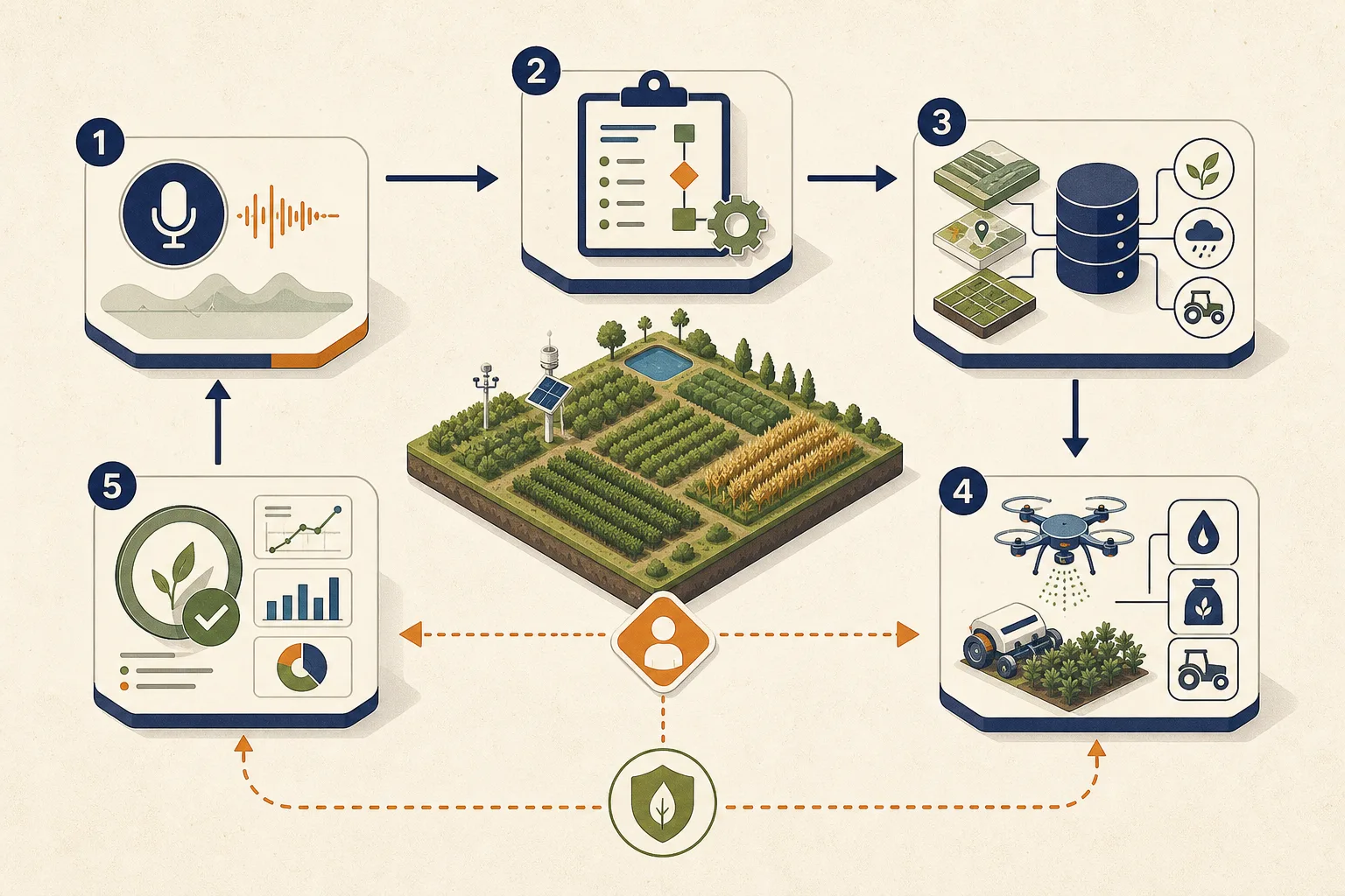 An agricultural agent workflow moving from farmer voice to planning, retrieval, field action, validation, and human review.