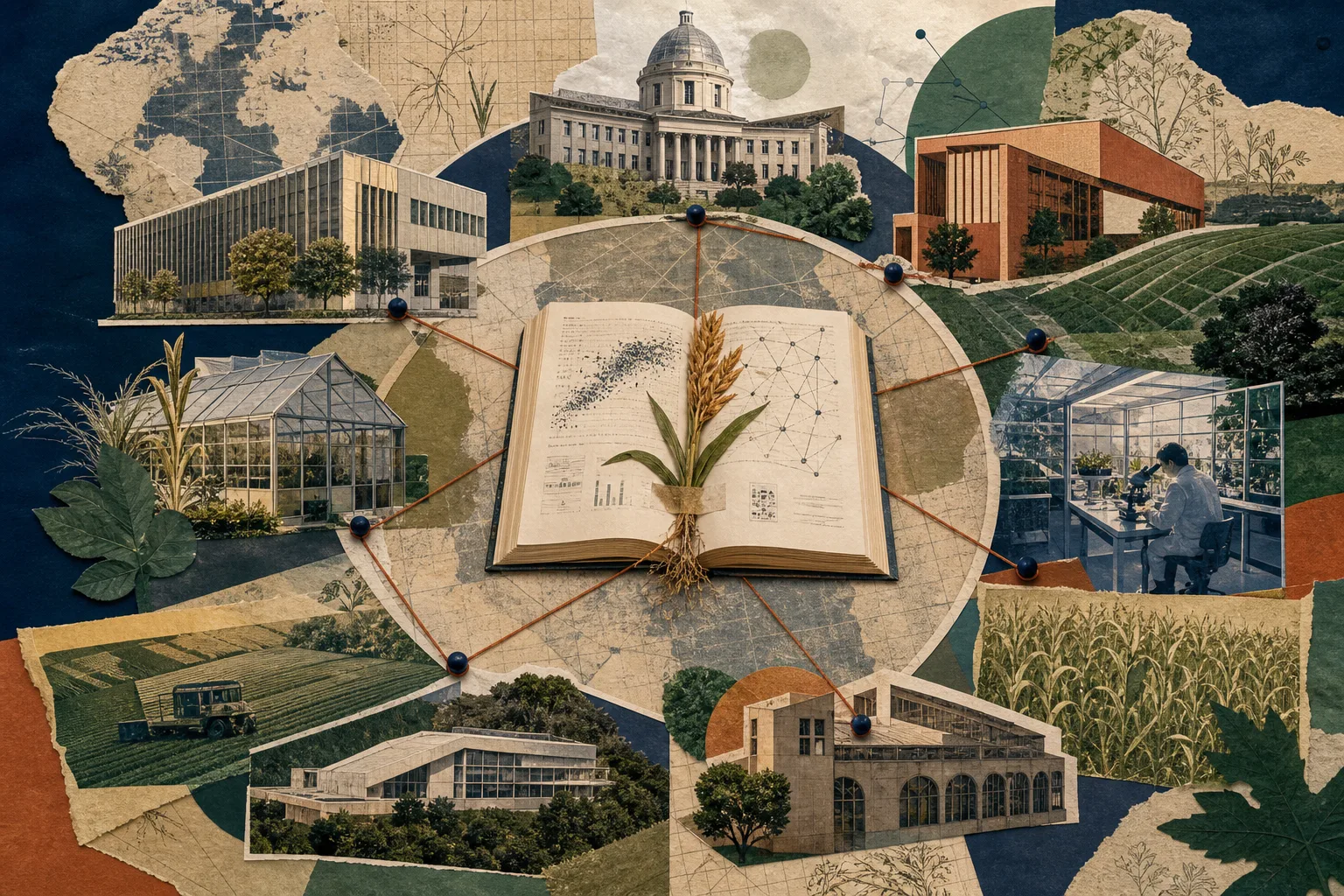 A paper collage connecting agricultural research institutions around a shared benchmark and crop specimen.