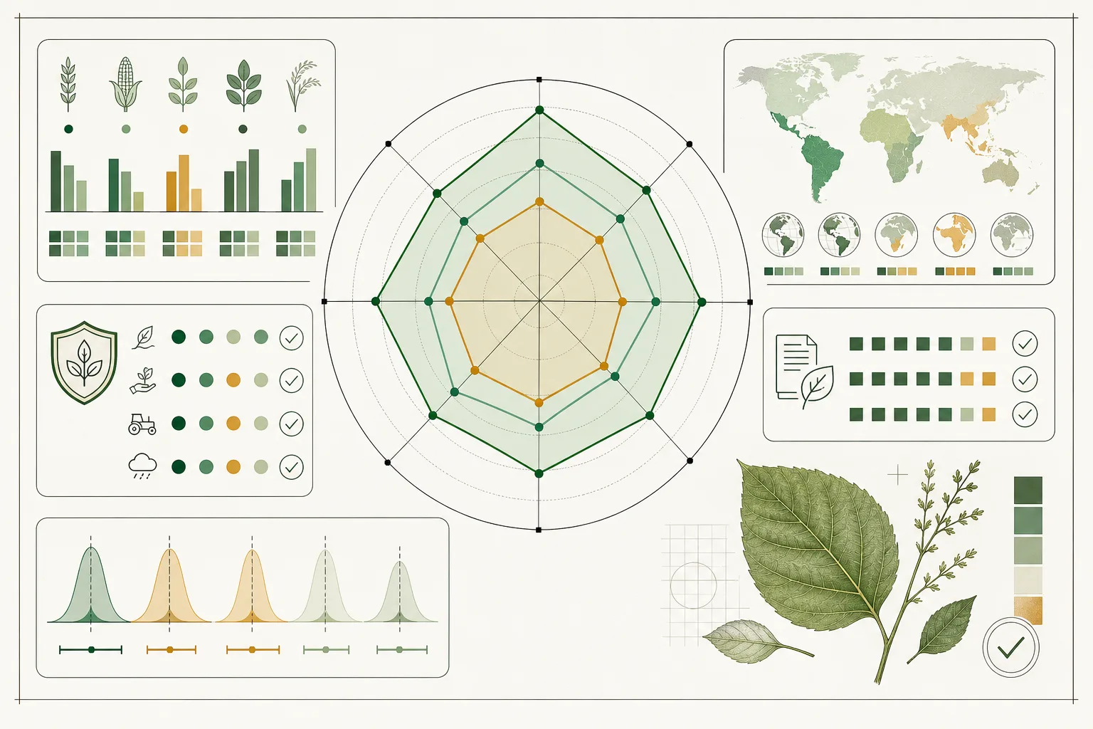 An agriculture AI benchmark scorecard with radar, regional, safety, and uncertainty views.