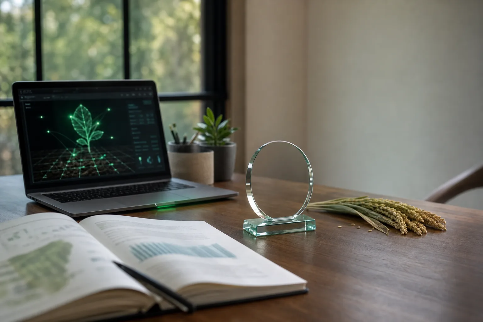 An understated recognition trophy beside agricultural research material and an AI crop interface.