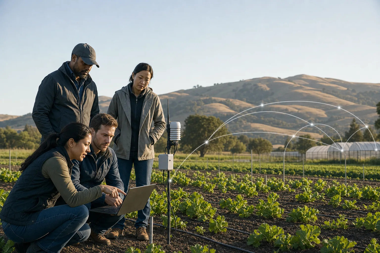 An agricultural technology team testing sensors in a field against the rolling hills of the Bay Area.