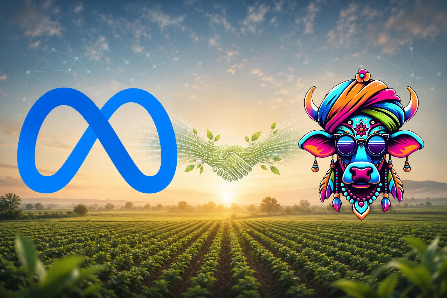 Meta's blue mark and the original Dhenu cow logo connected by a data-line handshake above agricultural fields.