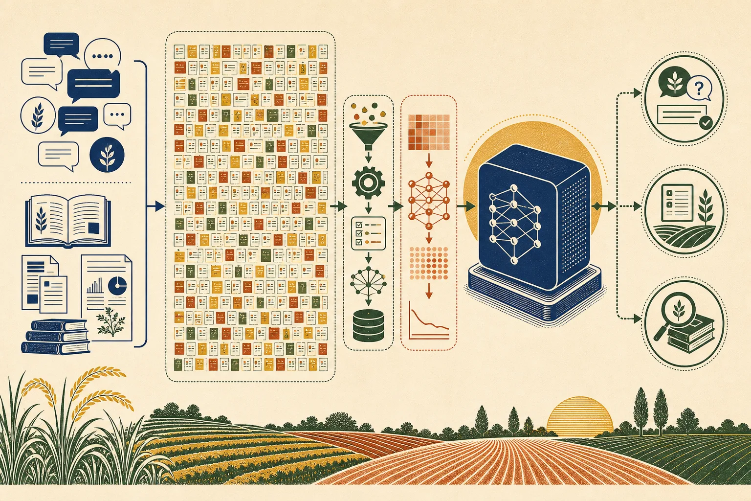 A technical model-building diagram connecting agricultural conversations and publications to curation, training, and agronomy applications.