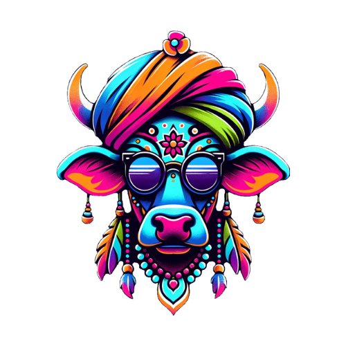 The original colorful Dhenu cow logo.