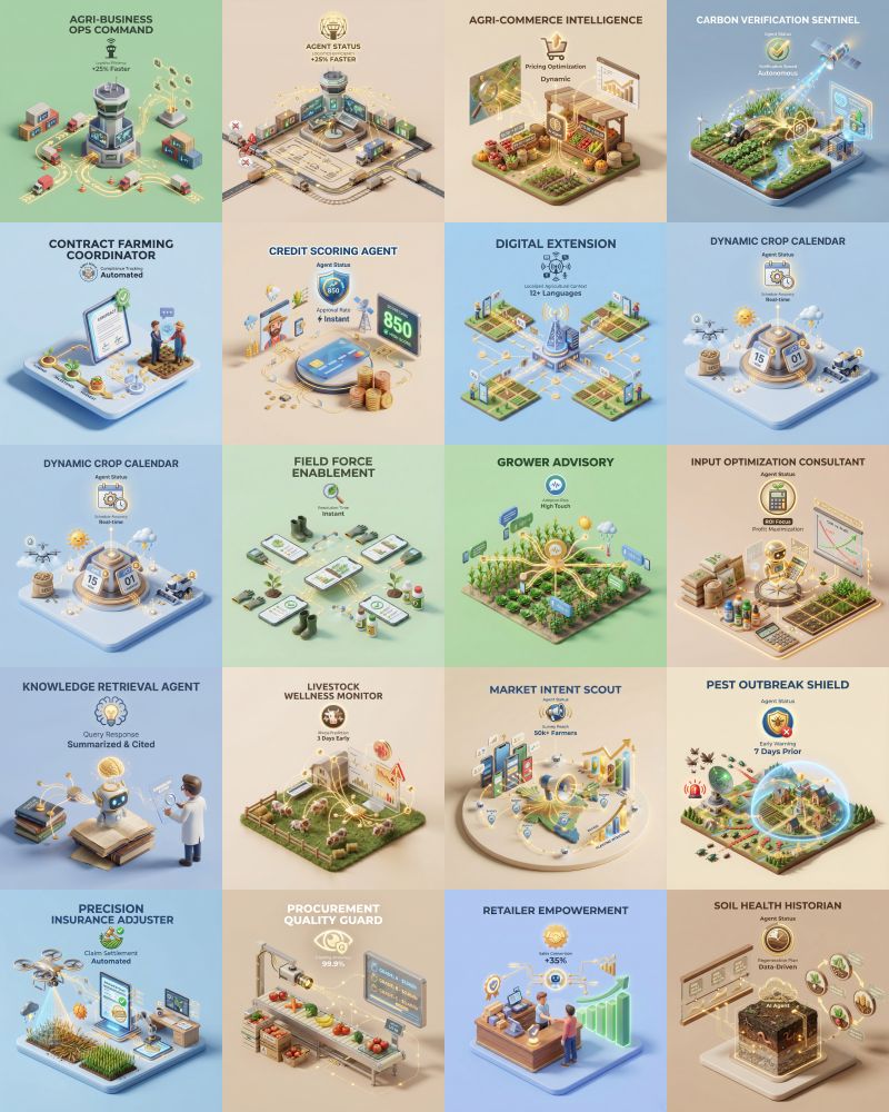 A 5x4 grid of 20 named agents that ship with Dhenu Platform, from Agri-Business Ops Command and Carbon Verification Sentinel through Pest Outbreak Shield, Procurement Quality Guard, and Soil Health Historian.
