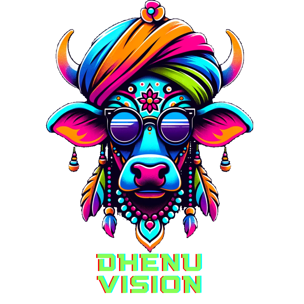 Dhenu Vision model card artwork: a vibrant stylised cow head wearing an Indian-style turban, headdress, sunglasses and traditional jewellery, with the words DHENU VISION below.