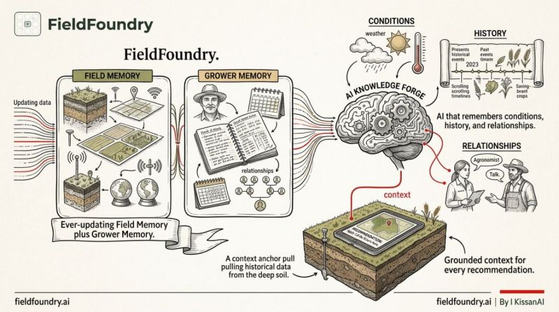 FieldFoundry product diagram: field memory and grower memory feeding an AI Knowledge Forge that remembers conditions, history, and relationships, with a context anchor pulling historical data from the deep soil.
