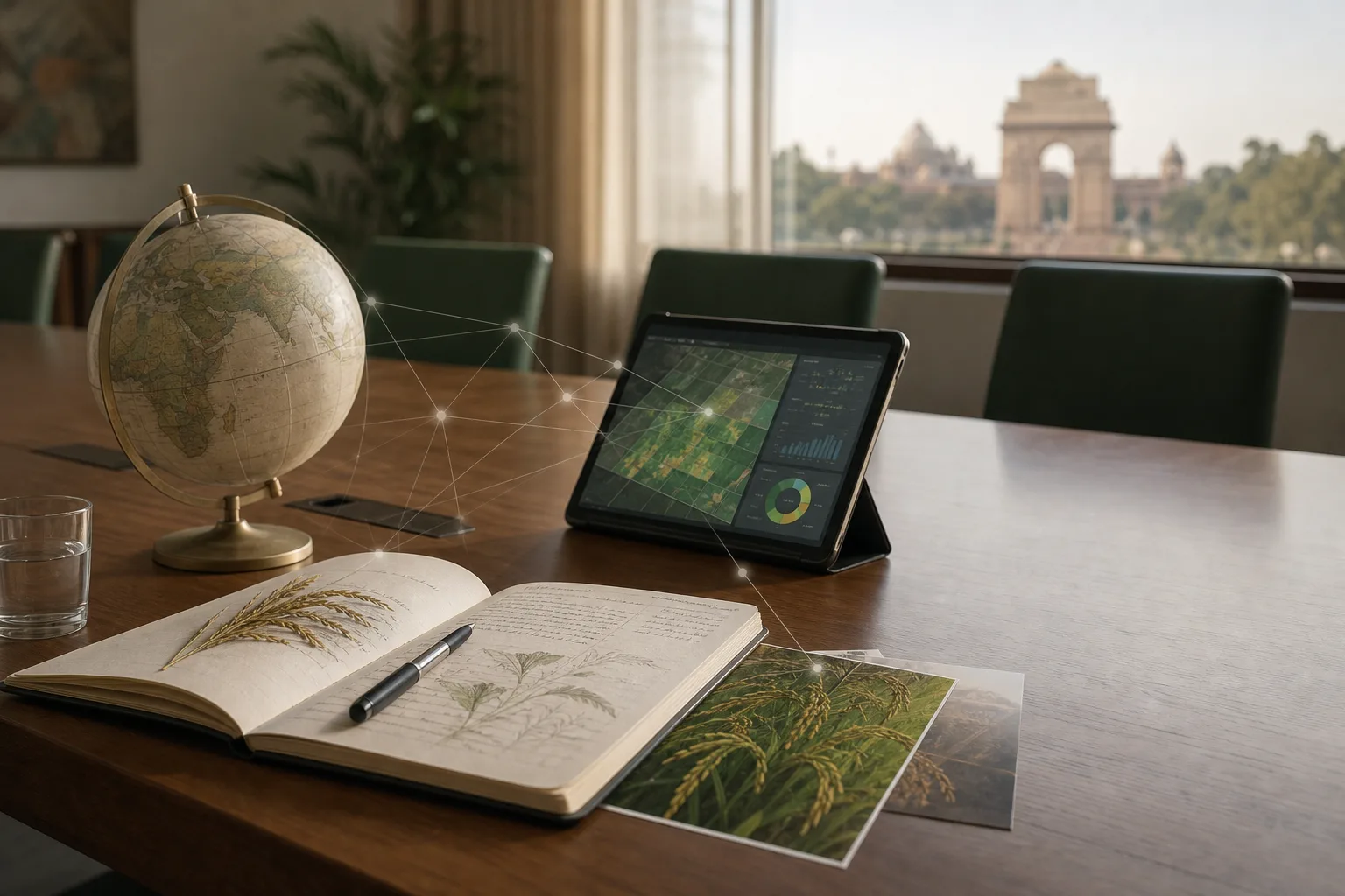 A conference worktable in New Delhi connecting global AI policy with agricultural research.