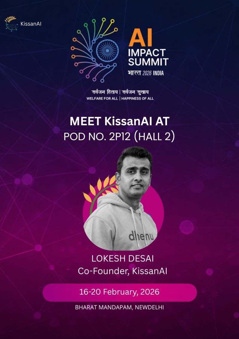 A meet-KissanAI poster welcoming visitors to Pod 2P12 in Hall 2, AI Impact Summit, Bharat Mandapam, New Delhi, 16 to 20 February 2026.