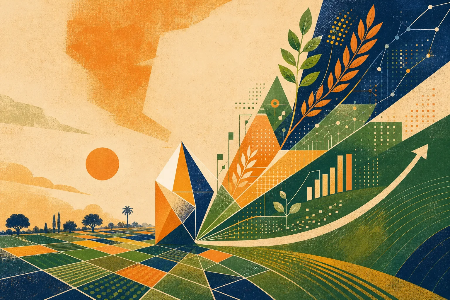 A geometric innovation prism rising from an agricultural data landscape.