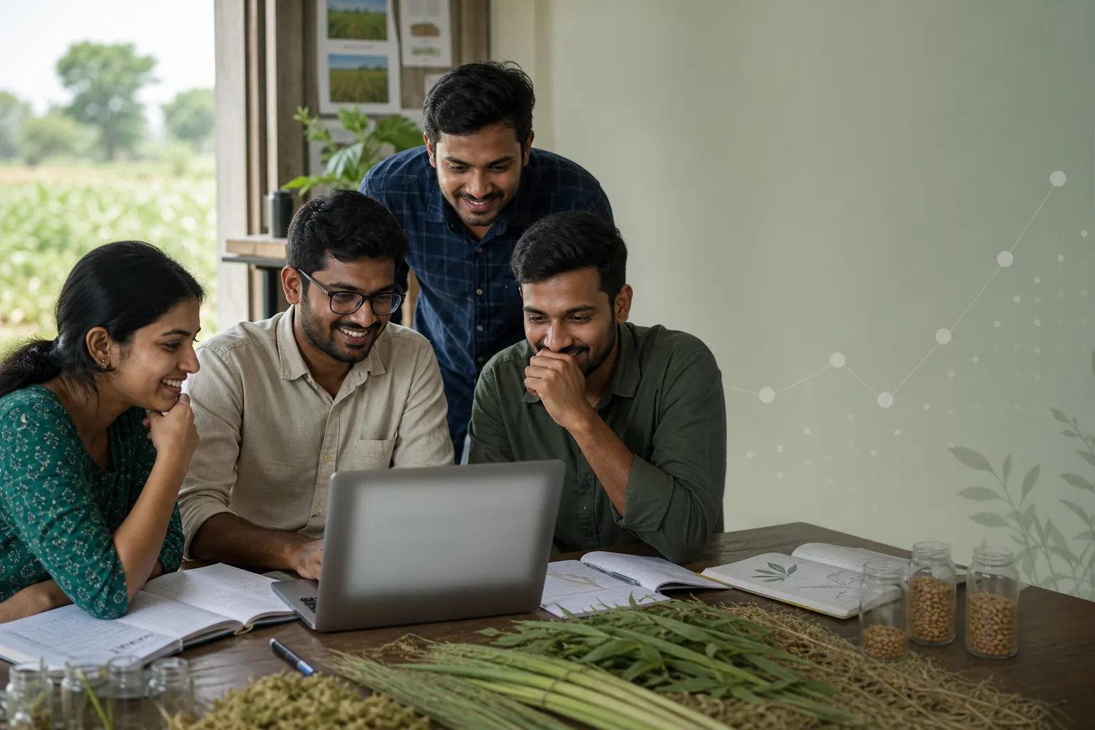 A small Indian agricultural AI team reacting to a shortlist notification in its field-side workspace.