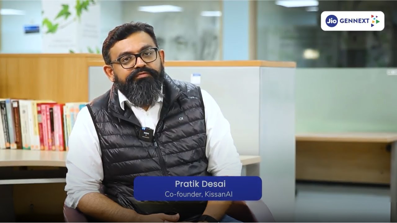 JioGenNext Founder Talk video thumbnail featuring Pratik Desai, Lokesh Desai, and Chintan Papaiya of KissanAI.