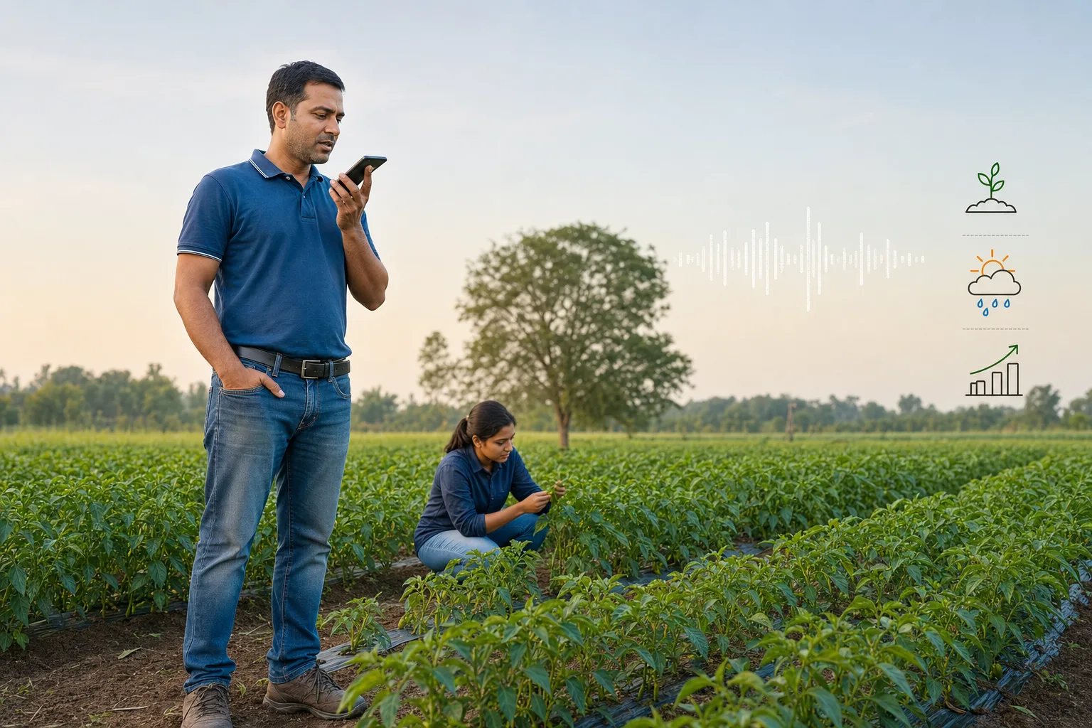 A modern Indian farmer using a voice-first agricultural assistant while a farm manager checks the crop.