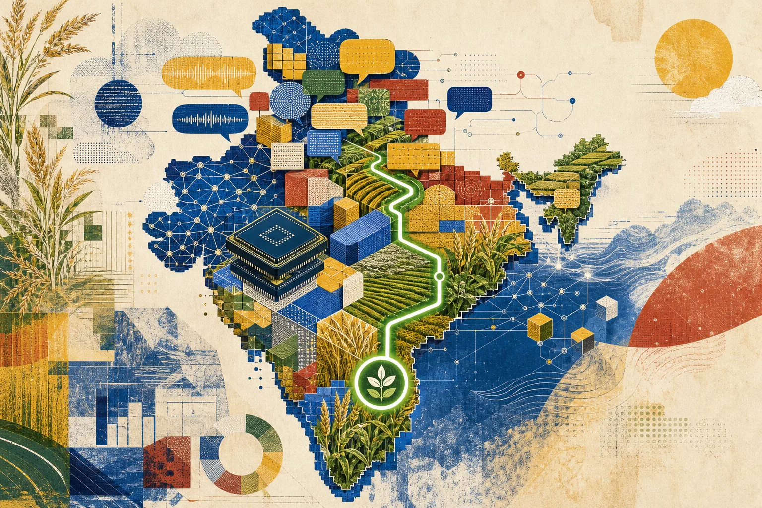 An editorial technology map of India connecting language, compute, open models, and agriculture.
