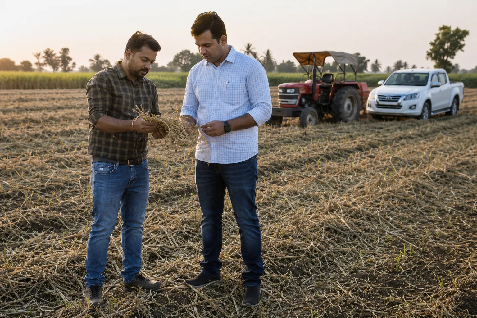 A modern Maharashtra farm operator and adviser examining the harvest beside contemporary farm equipment.