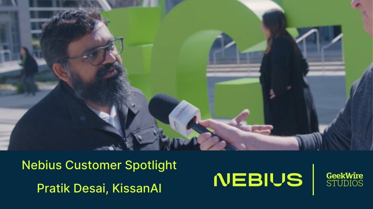 Nebius Spotlight GTC 2025 video thumbnail with Pratik Desai of KissanAI, recorded at the Nebius and GeekWire Studios booth at NVIDIA GTC.