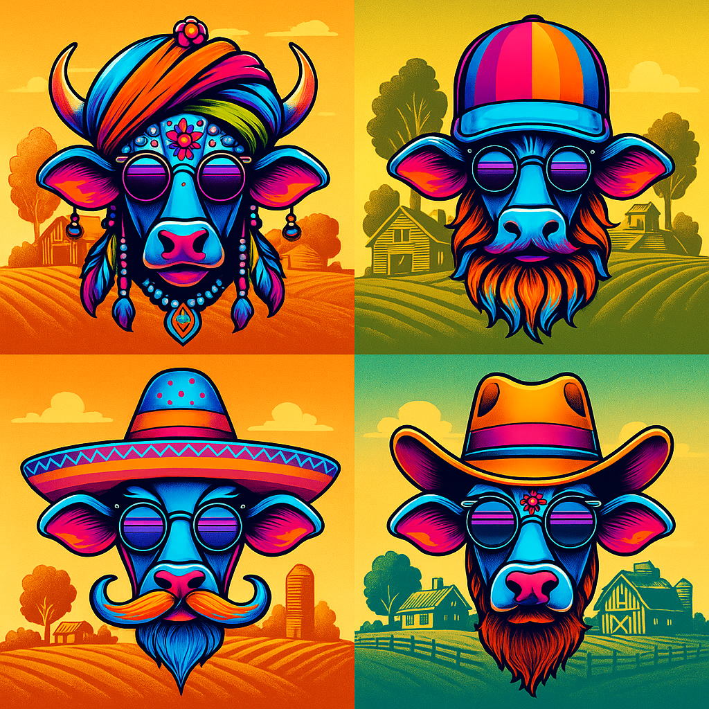 Four stylized Thinking Dhenu cow variants representing the reasoning-model family.