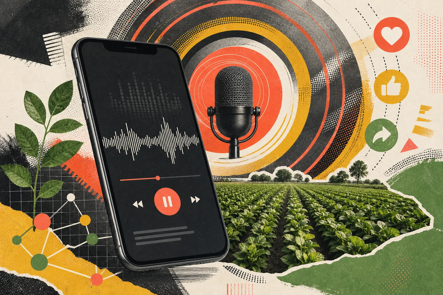 An editorial media collage showing an agricultural AI podcast mention spreading through audio and social channels.