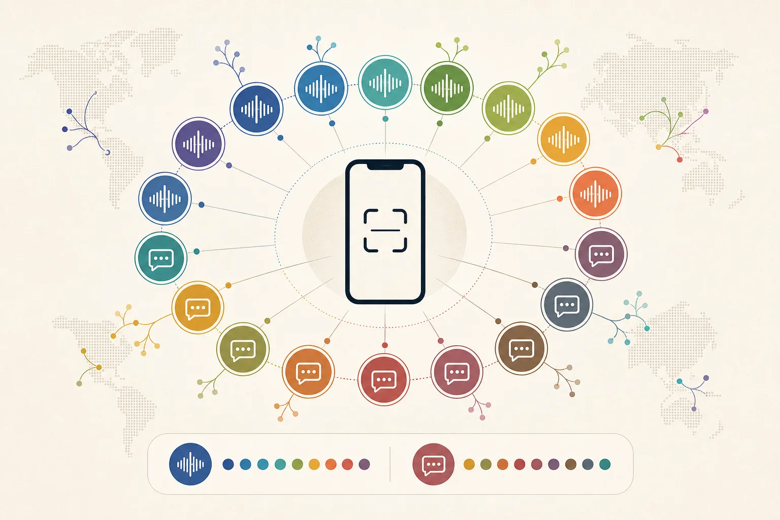 Twenty-two language nodes arranged around a phone, divided into voice-enabled and text-enabled groups.