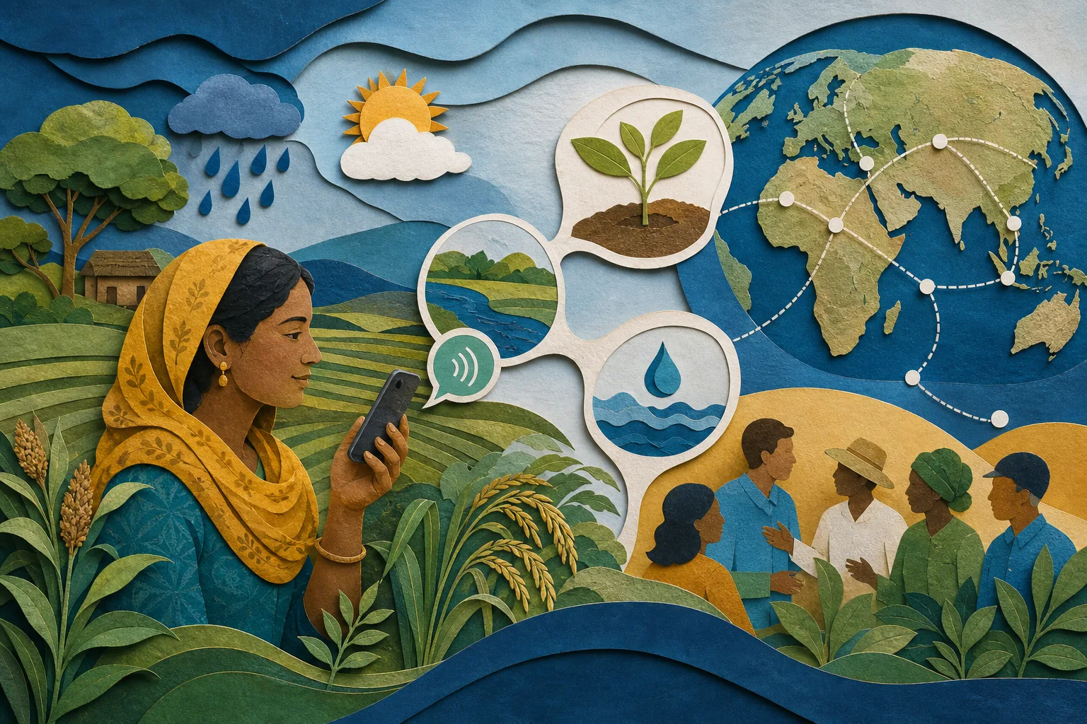 A woman farmer using a voice copilot connected to weather, water, crops, field partners, and a global development network.