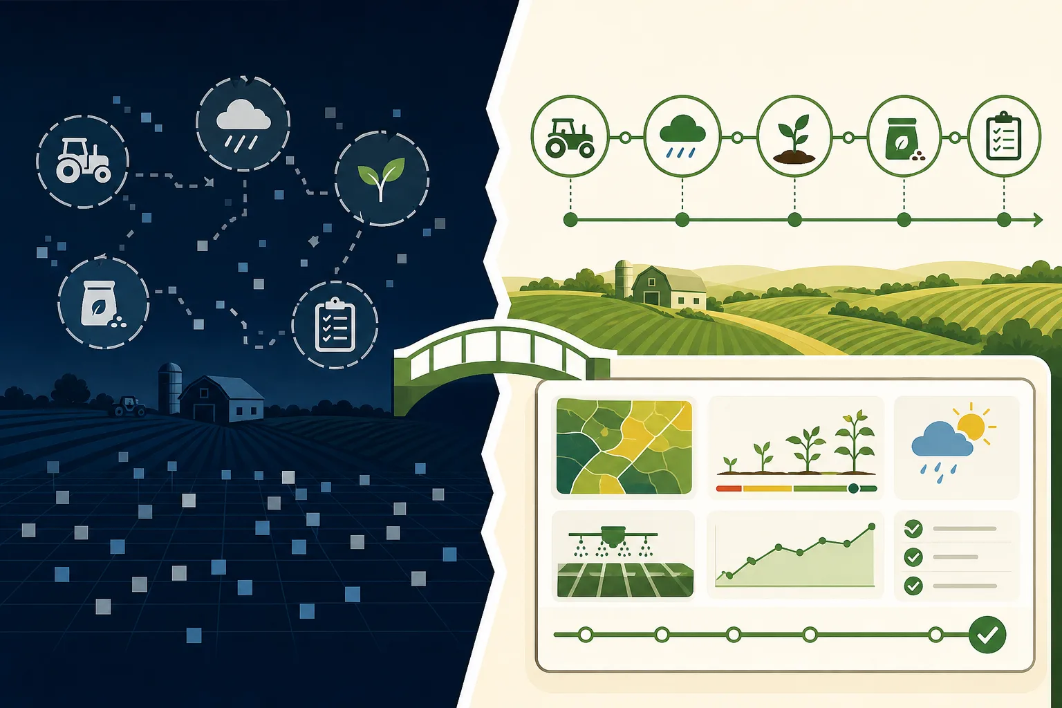 A split-screen data graphic contrasting fragmented field events with a connected operational timeline.