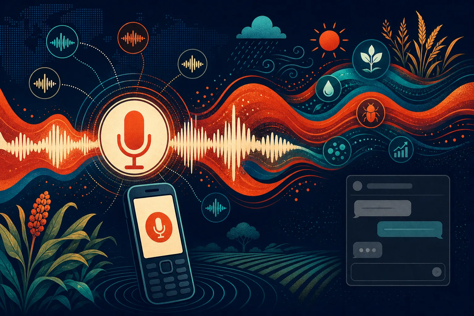 A voice waveform carrying language, weather, pest, and crop context while a chat box remains secondary.