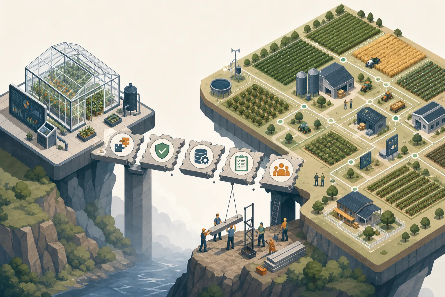 An isometric prototype separated from production agriculture by missing integration, compliance, data, workflow, and ownership bridges.