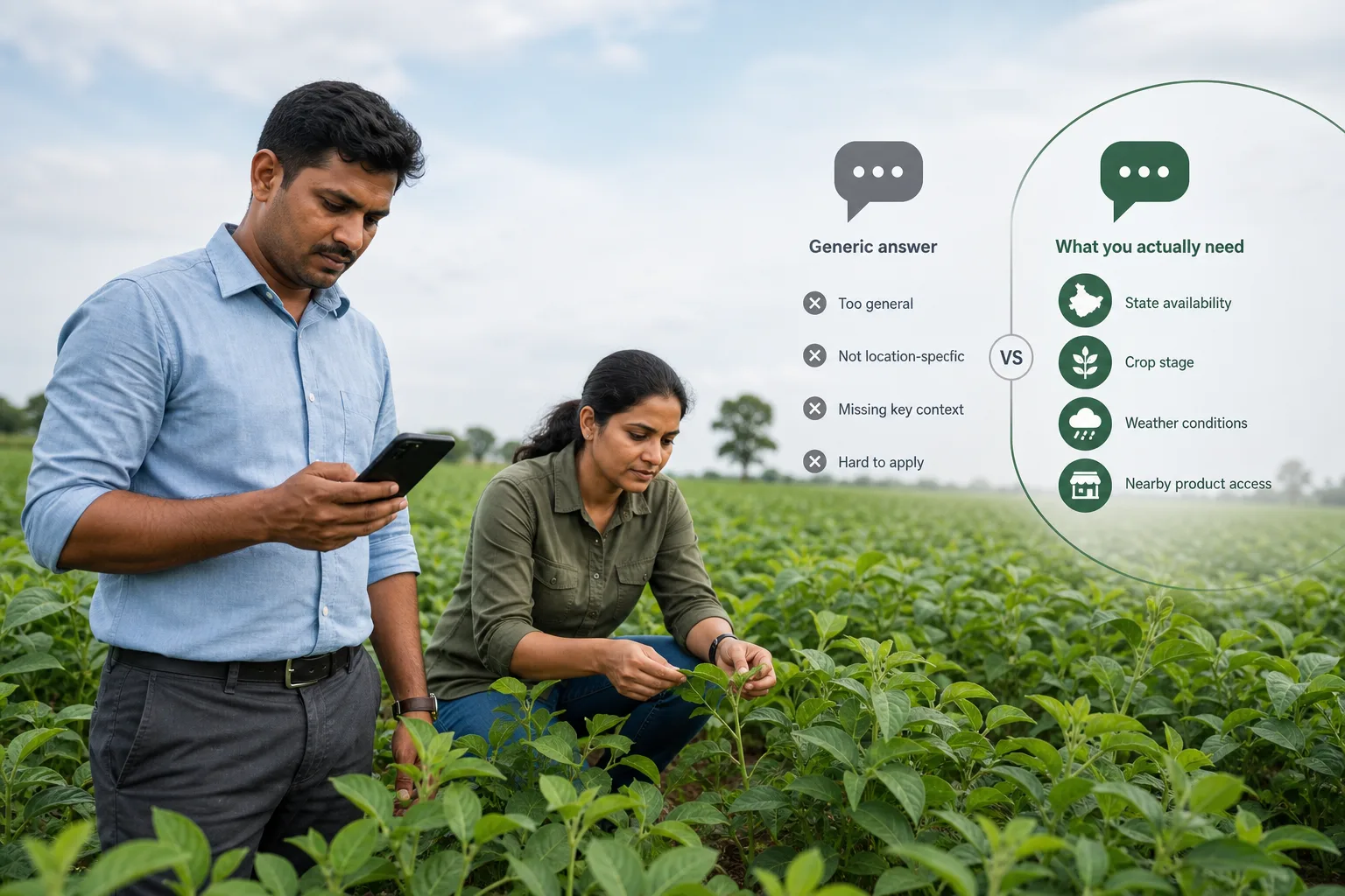 A modern Indian farmer and agronomist contrasting a generic answer with state availability, crop stage, weather, and local product access.