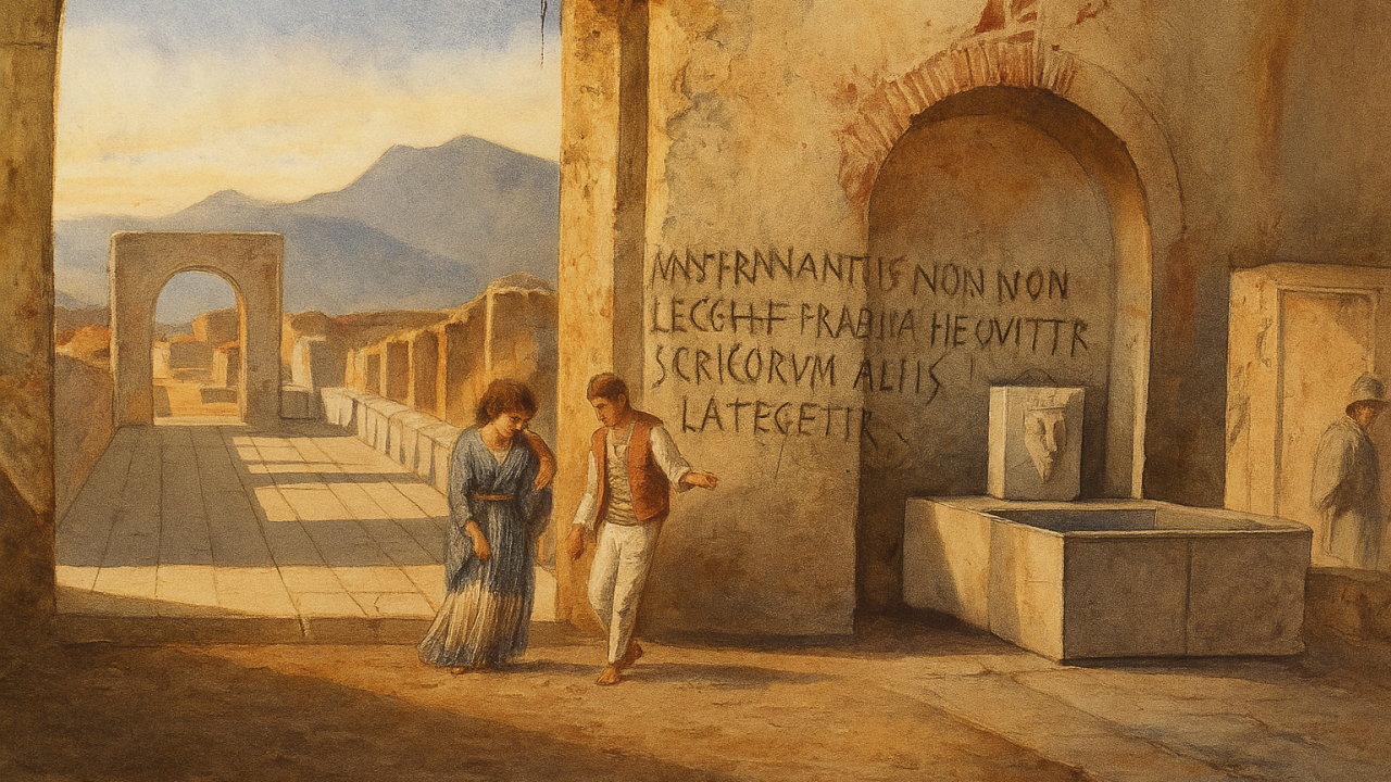 An illustration of two onlookers reading Latin graffiti scratched into a Pompeii wall, with Vesuvius in the distance.