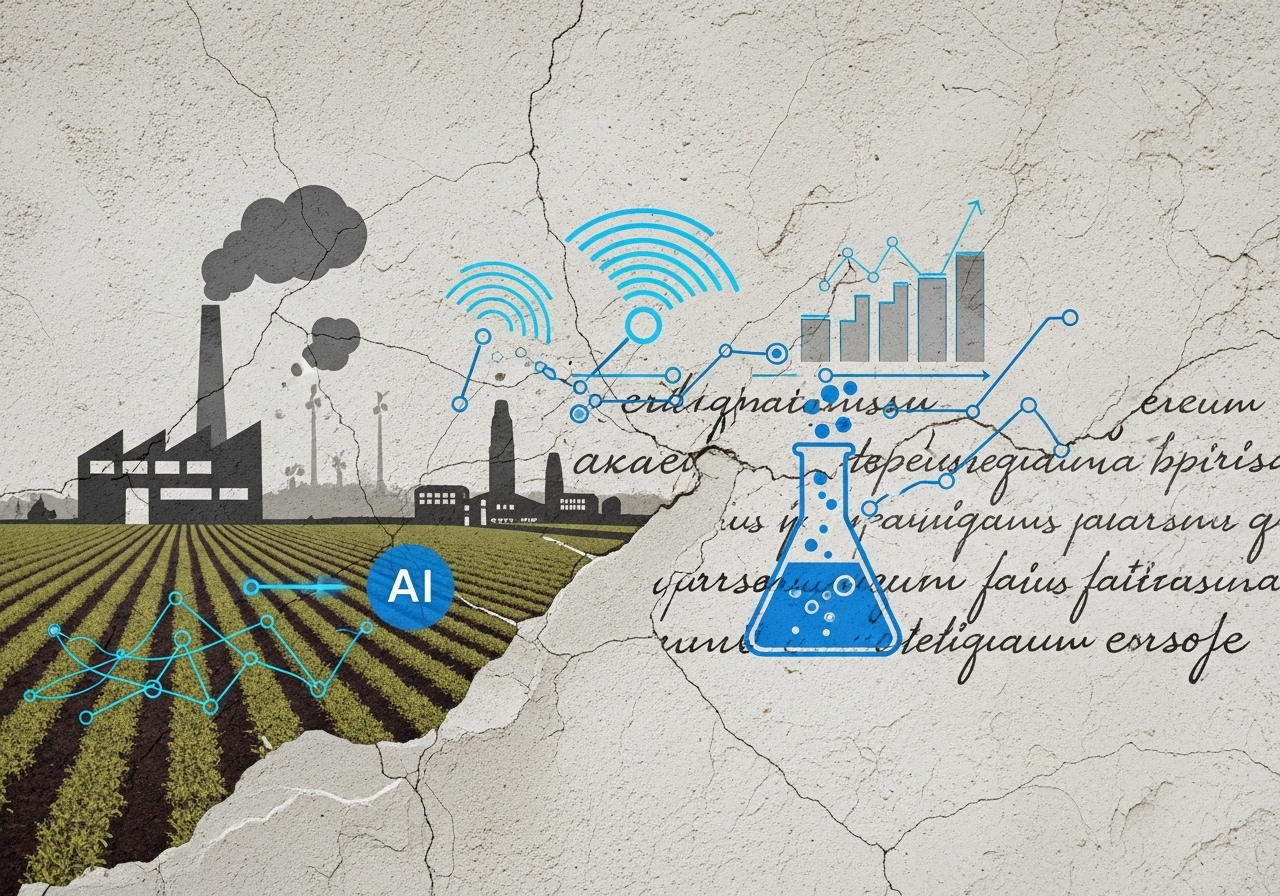 A cracked surface that on one half shows an industrial skyline and on the other a farmed field, with AI and connectivity glyphs bridging the two sides.