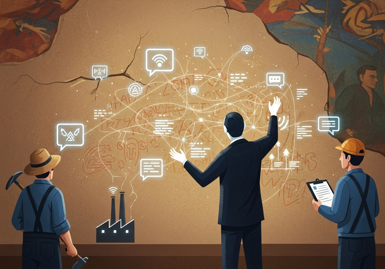 An illustration of a farmer, a manager, and a factory worker reading a wall of overlapping digital signals: chat bubbles, sensor blips, and notes connecting in a single web.