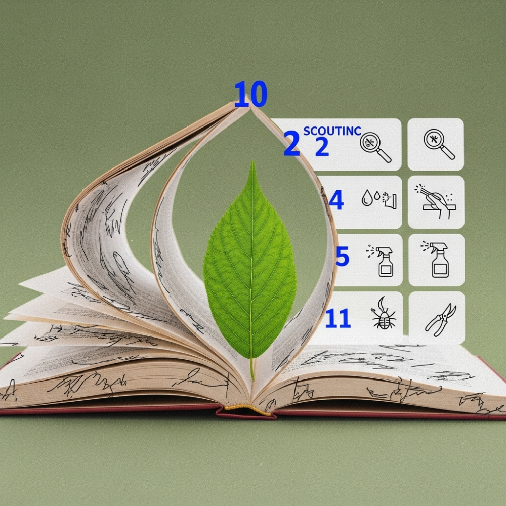 An open guidebook with a green leaf sprouting from its centre, ringed by pictograms for scouting, diagnosis, application, and resistance management.