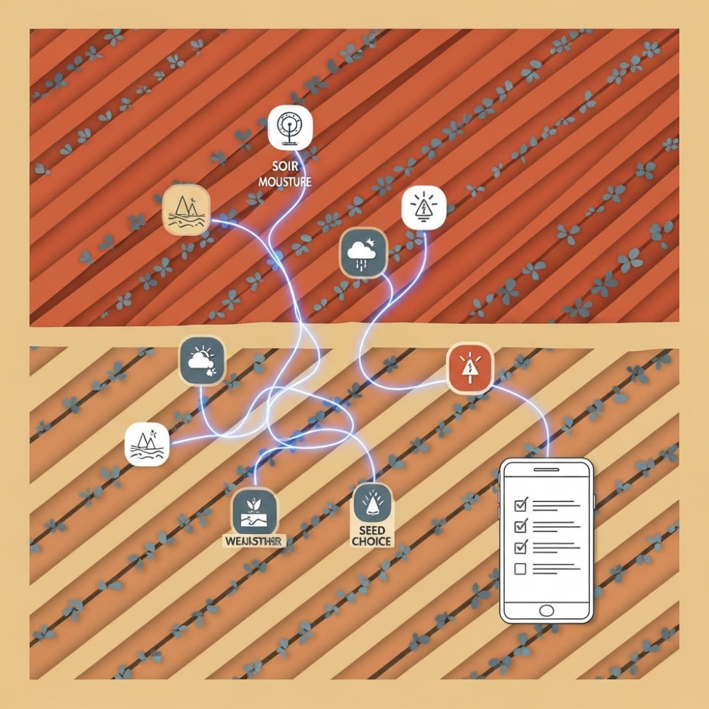 A pattern of red-soil field rows joining into a single network that leads into a smartphone screen, with iconography for sowing, irrigation, market and pest advisories.