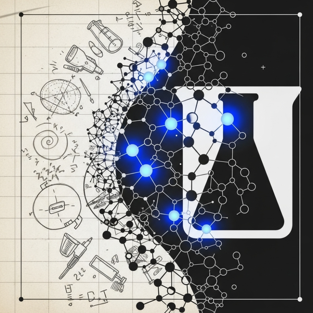 A lab beaker against a notebook background, surrounded by molecular chains and hand-drawn formulas in a graph-paper sketch.