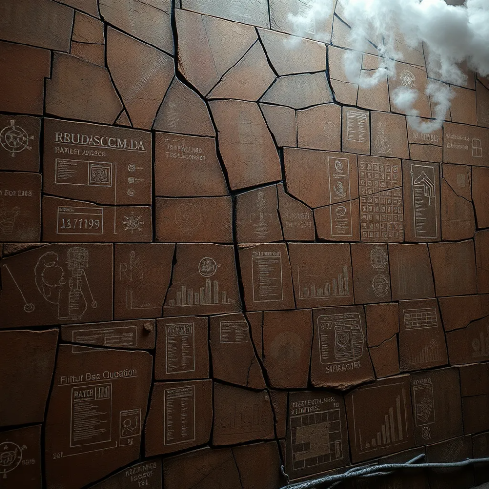 A wall of tiled clay tablets, each carrying small sketches and notations, with a single cloud of smoke drifting across the top.