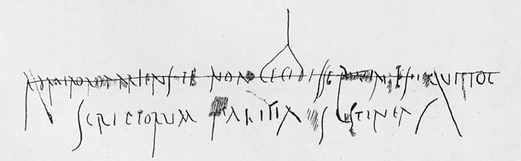 A close-up of the actual Latin inscription scratched into a Pompeii wall, reading roughly: admiror te paries non cecidisse ruinis qui tot scriptorum taedia sustineas.